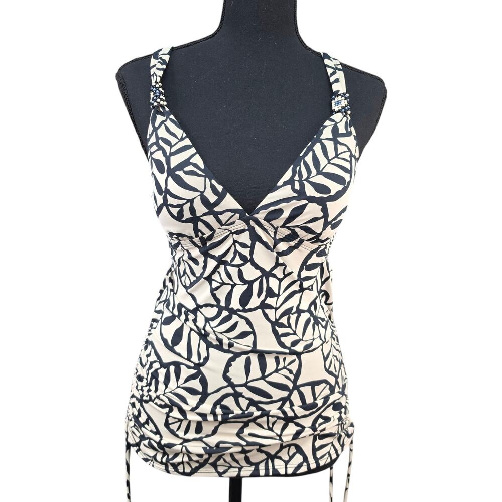 Perry Ellis One Piece Swimsuit Medium Tummy Control Ruched Floral NWT Black
